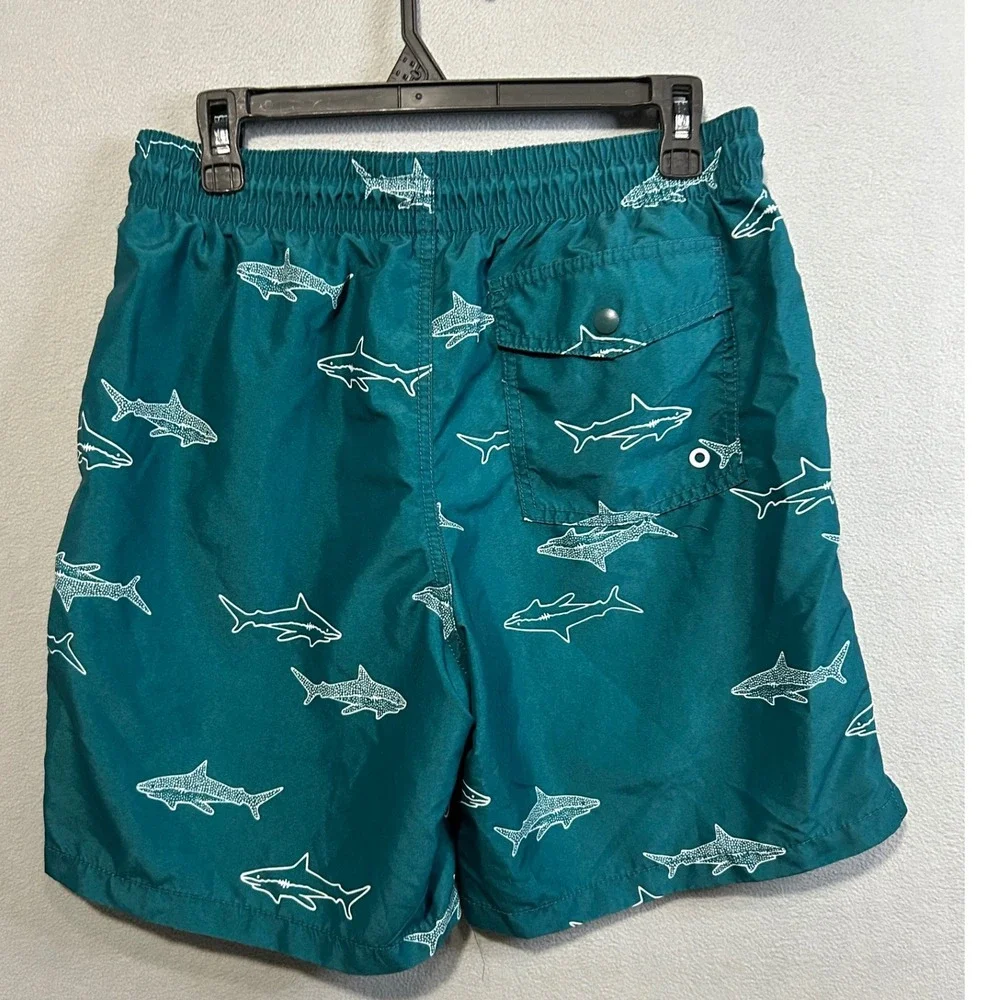 Old Navy Shark Print Swim‎ Trunks Mens Medium Teal Blue Board Shorts